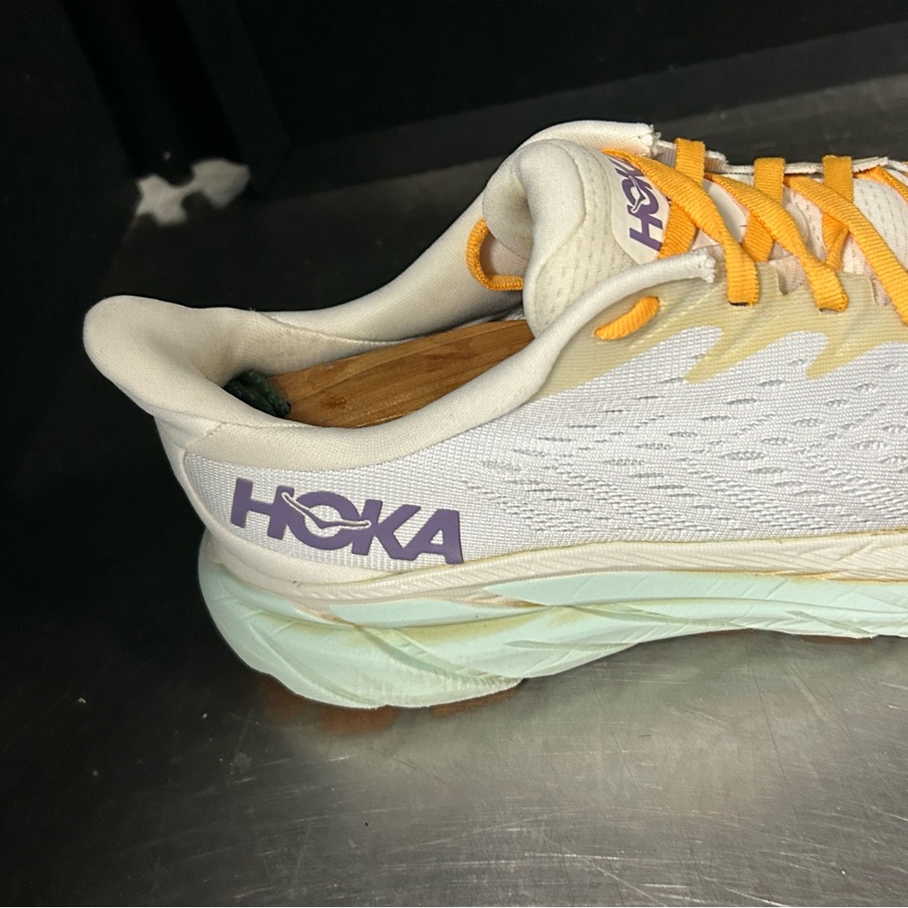 Hoka Women's White Sneakers with Yellow Laces and Purple Logo - Picture 7 of 11
